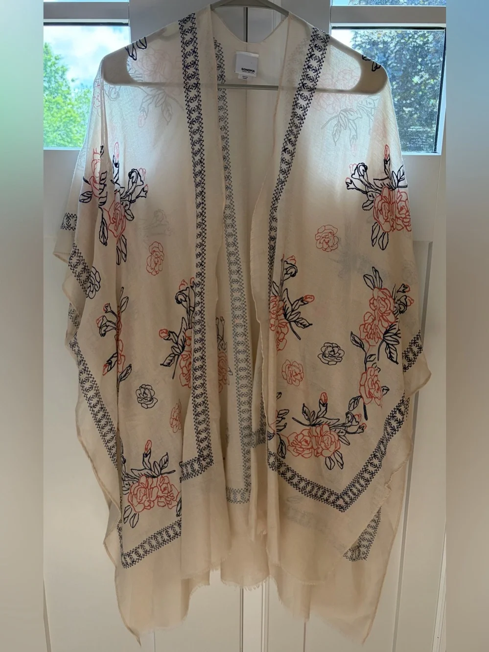 Cream Kimono Wrap Navy Blue Rose print Sonoma bohemian festival OS